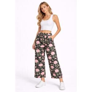Riley & James FloralWide Leg Cotton Pants L Pink Rose Print High Waist Casual tr